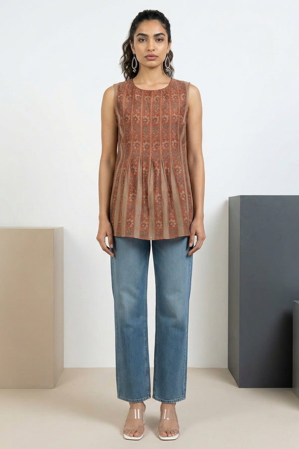 Rust Block Floral Printed Cotton Blend Pleated Sleeveless Top
