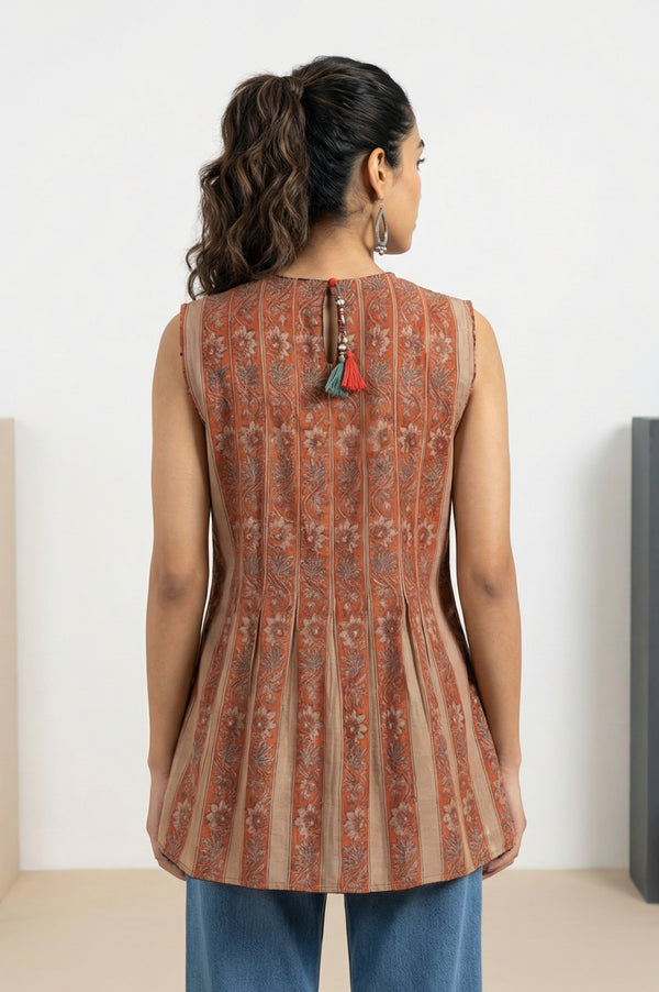 Rust Block Floral Printed Cotton Blend Pleated Sleeveless Top