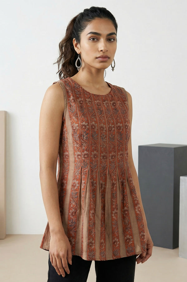 Rust Block Floral Printed Cotton Blend Pleated Sleeveless Top