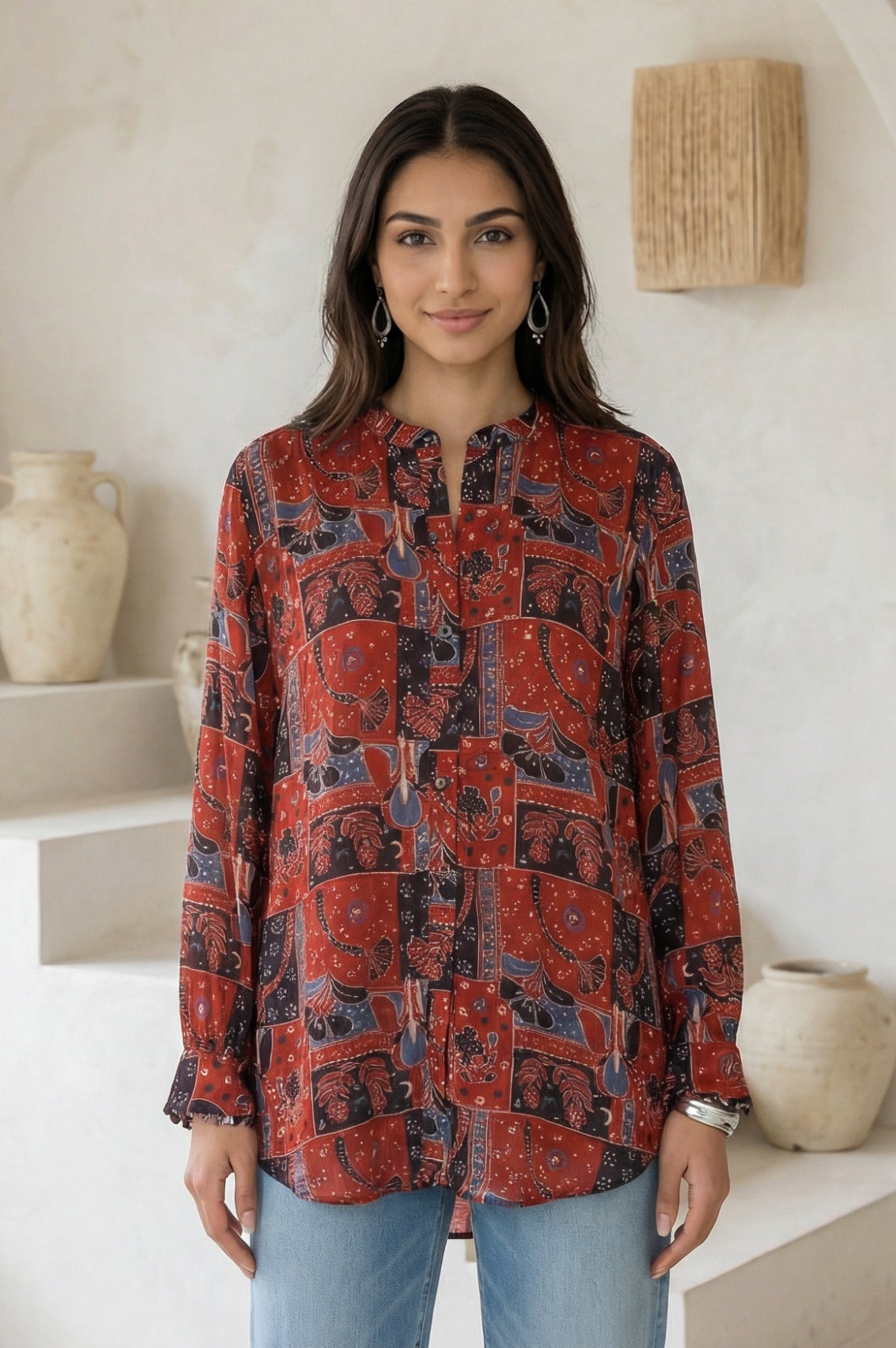 Red Abstract Modal Satin Straight Top