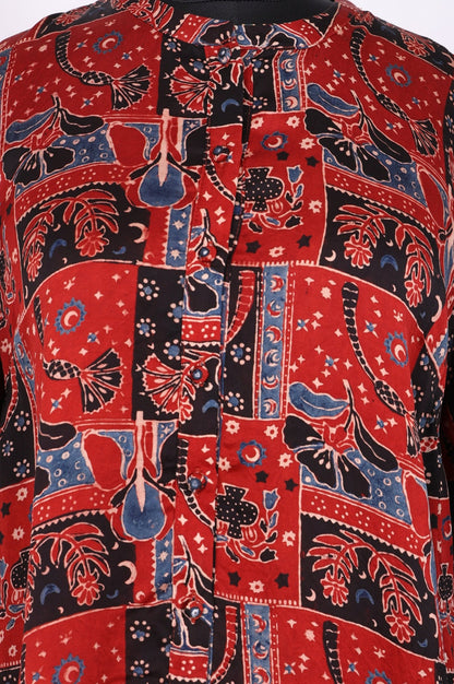 Red Abstract Modal Satin Straight Top