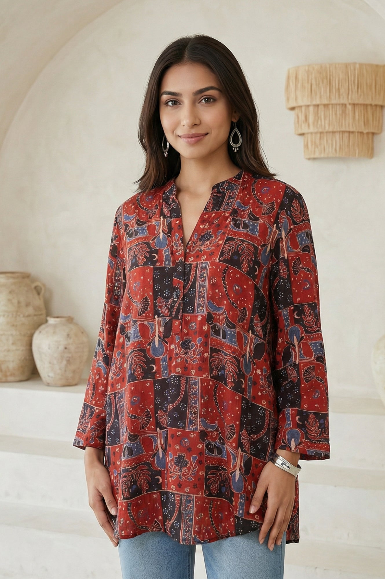 Red Abstract Modal Satin Straight Top