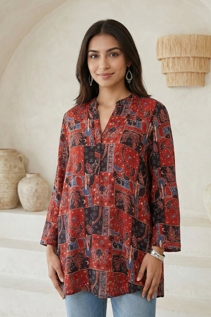 Red Abstract Modal Satin Straight Top