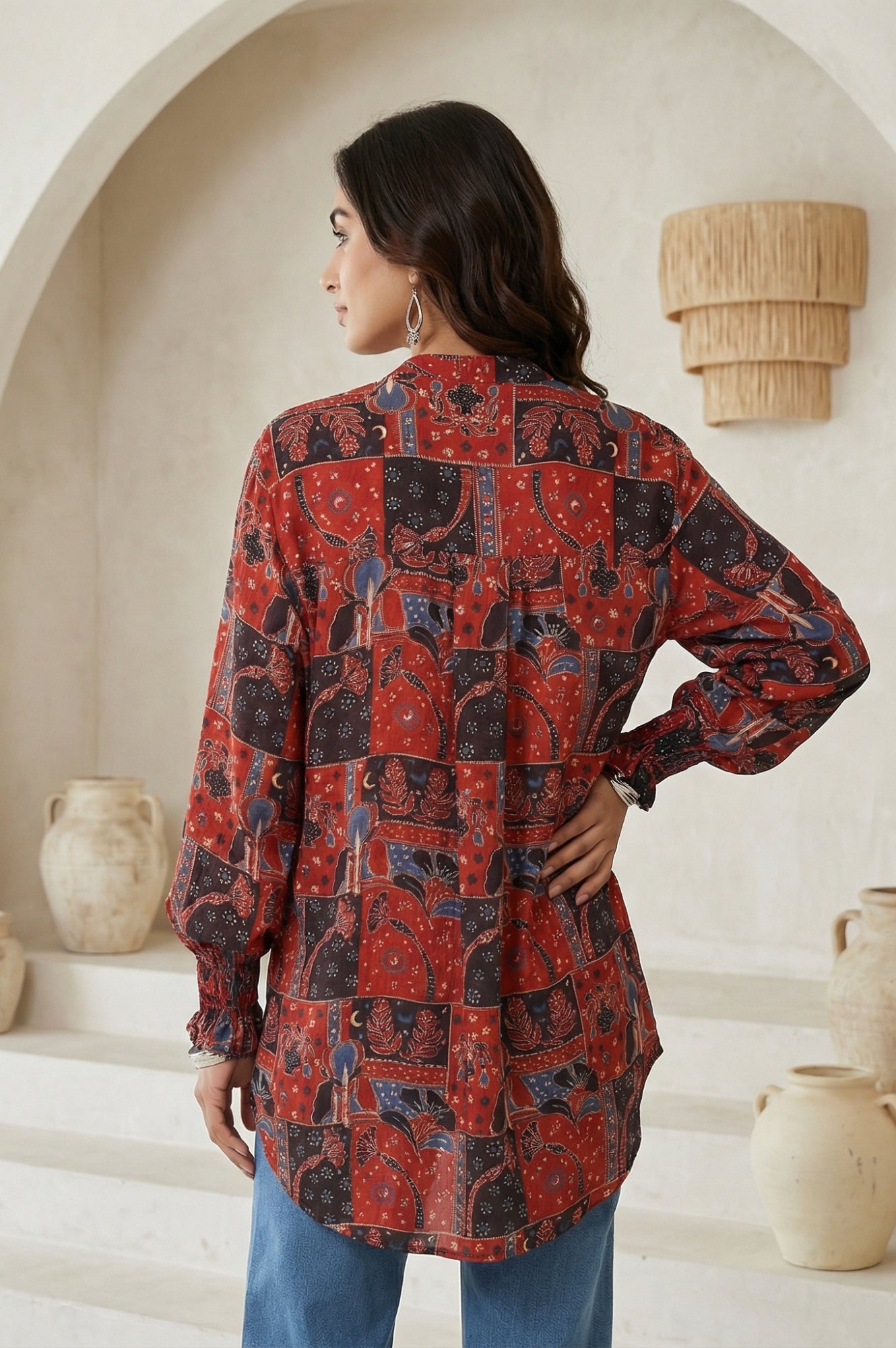 Red Abstract Modal Satin Straight Top