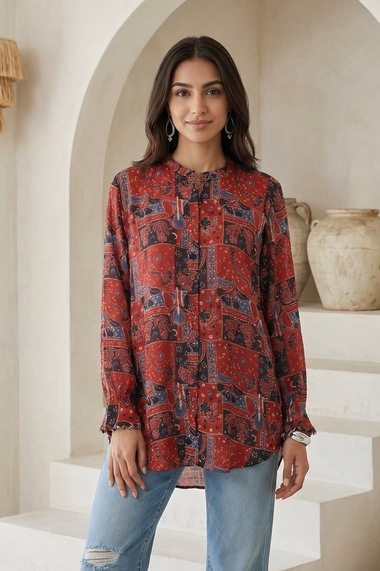 Red Abstract Modal Satin Straight Top