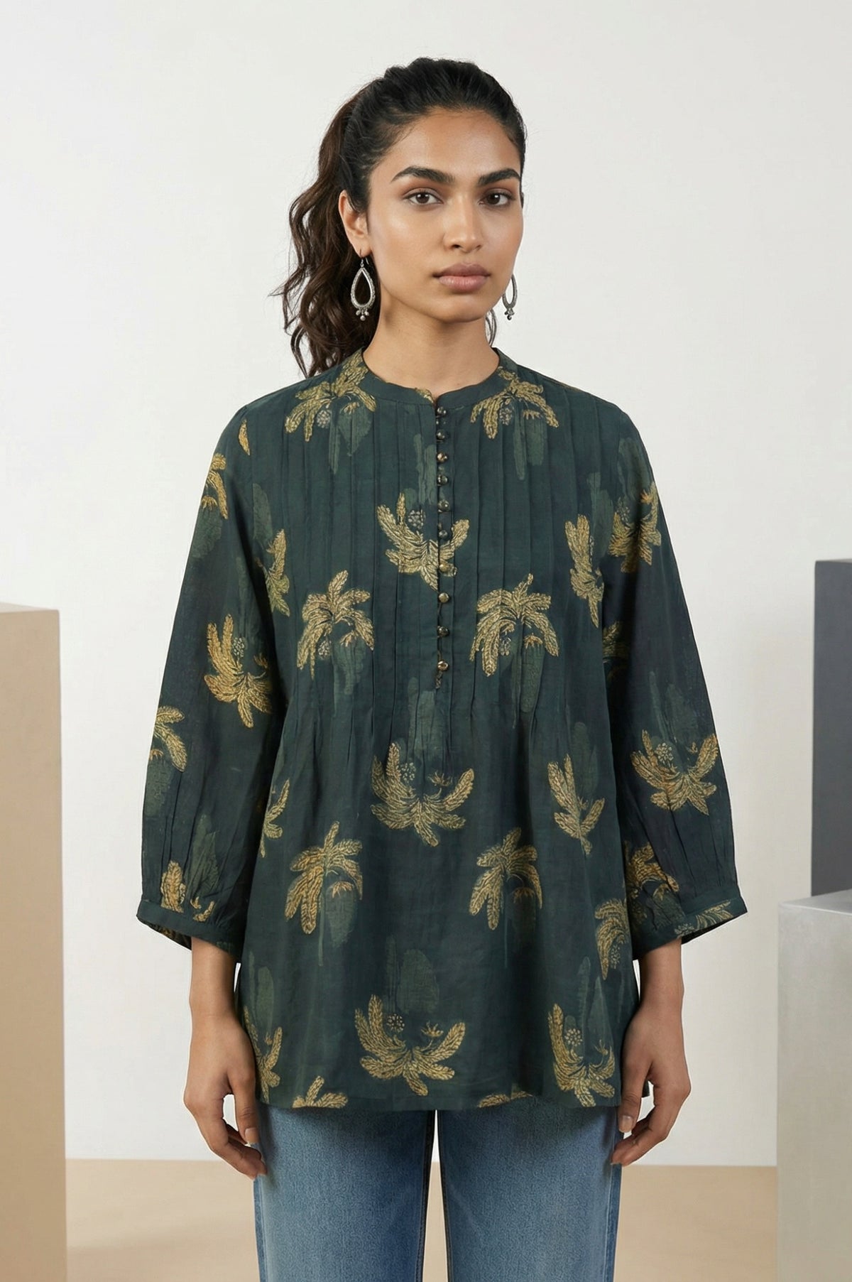 Green Block Botanical Printed Pure Cotton Flared Top - XS