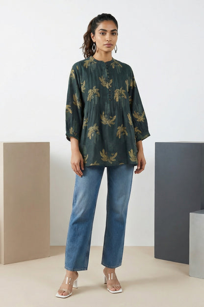 Green Block Botanical Printed Pure Cotton Flared Top