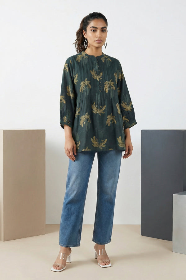 Green Block Botanical Printed Pure Cotton Flared Top