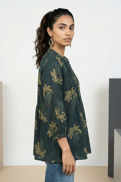 Green Block Botanical Printed Pure Cotton Flared Top