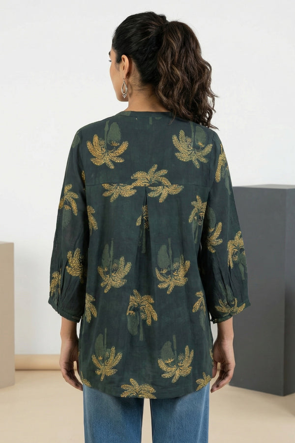 Green Block Botanical Printed Pure Cotton Flared Top