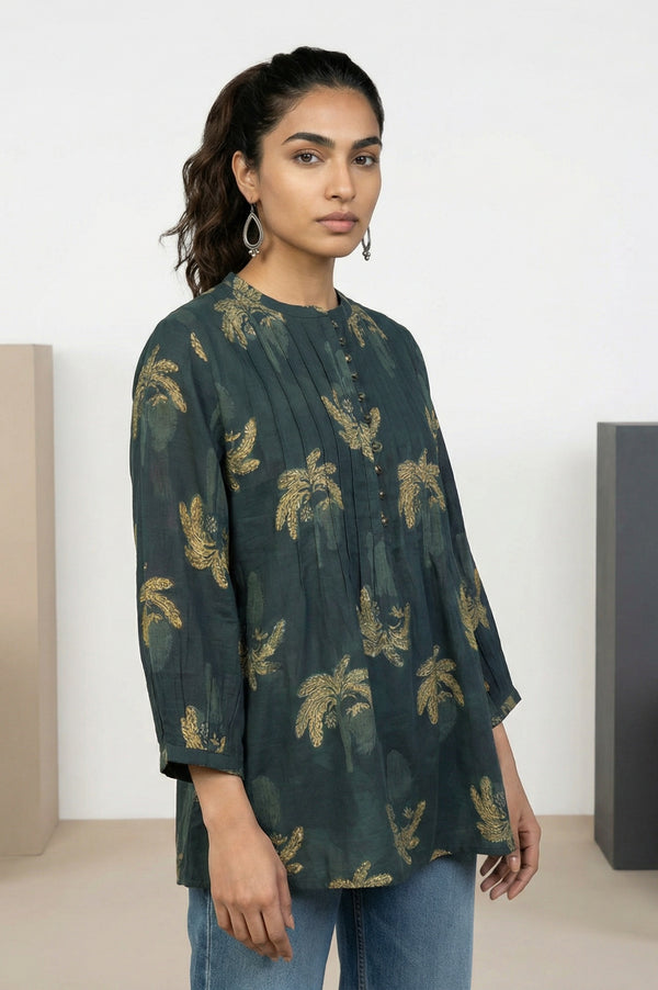 Green Block Botanical Printed Pure Cotton Flared Top