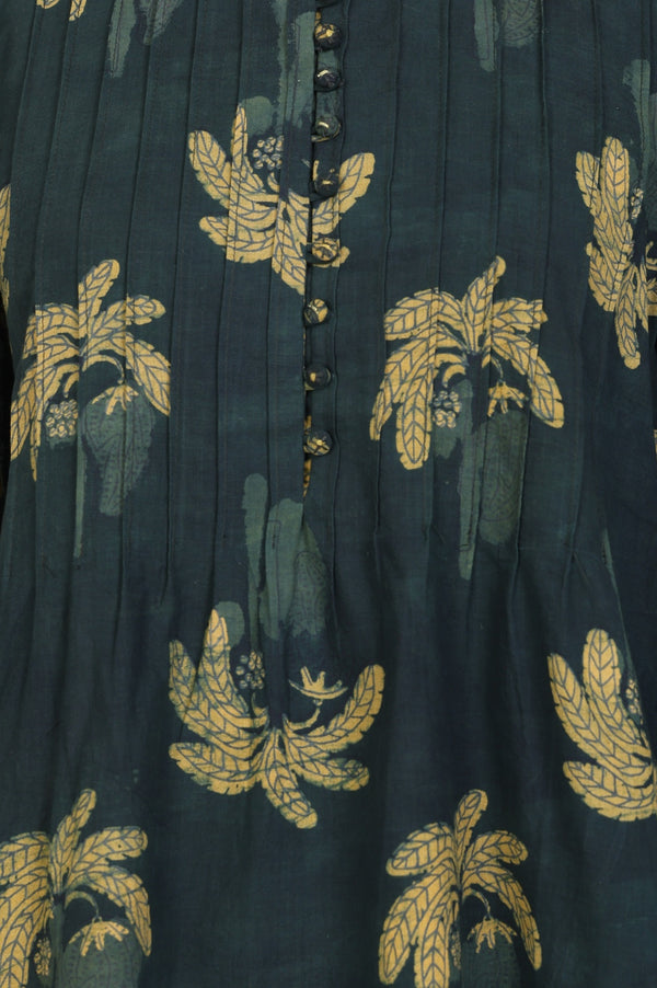 Green Block Botanical Printed Pure Cotton Flared Top