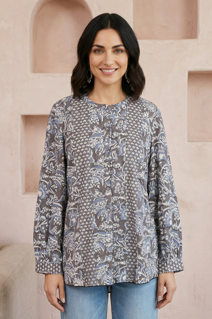 Grey Floral Rayon Straight Top