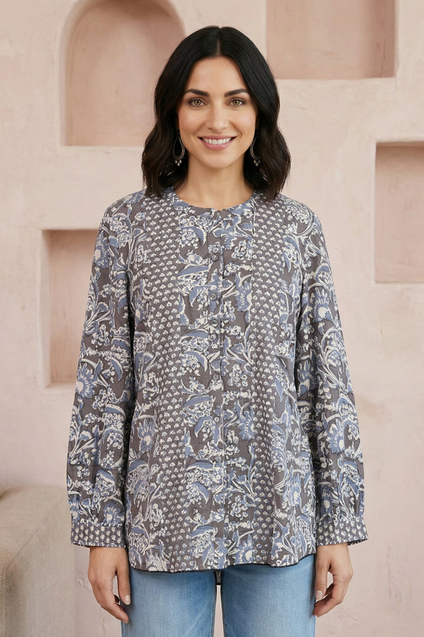 Grey Floral Rayon Straight Top