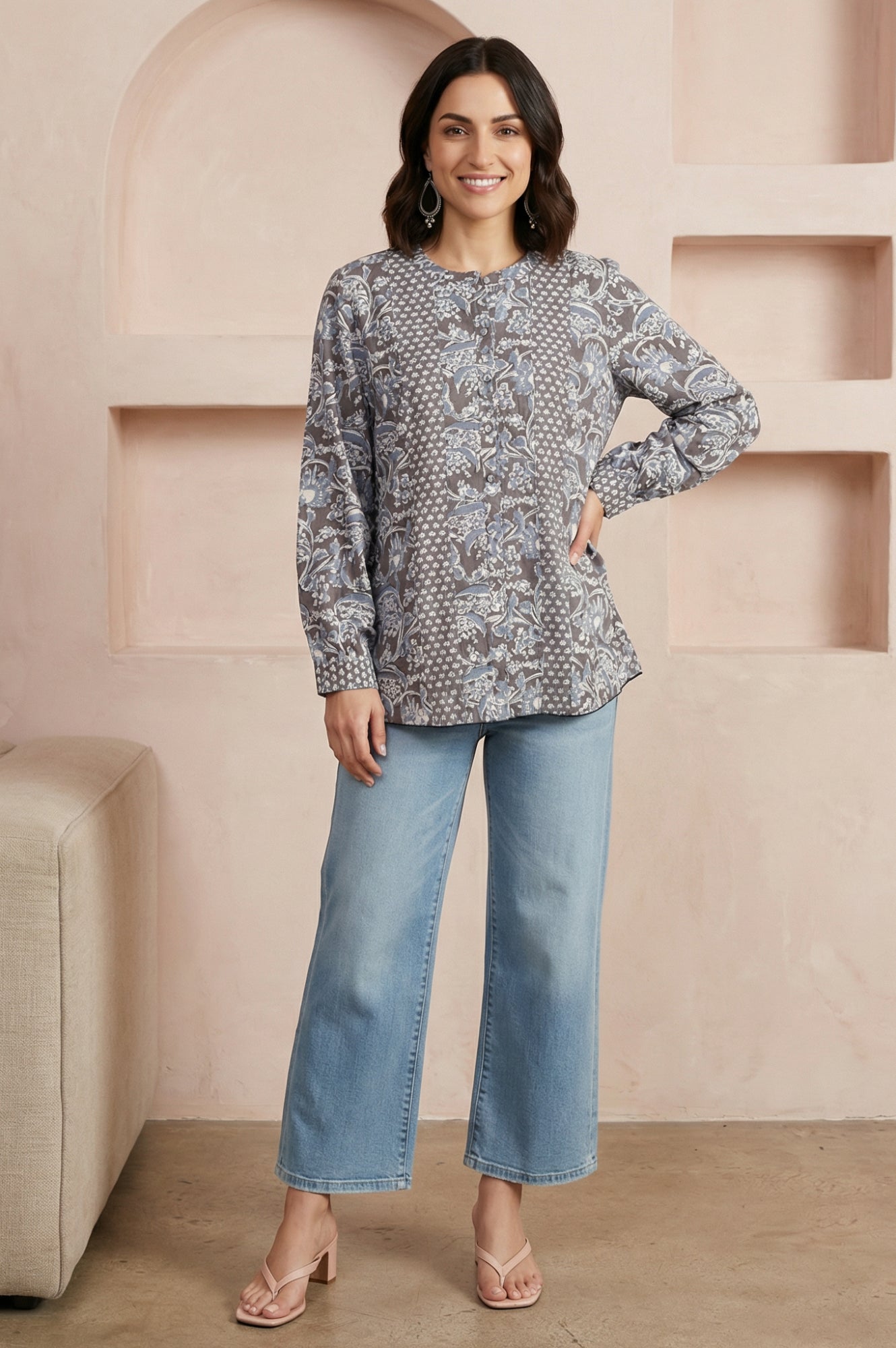 Grey Floral Rayon Straight Top