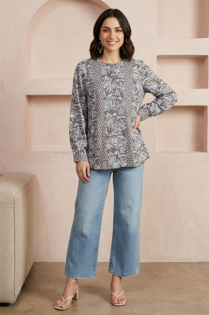 Grey Floral Rayon Straight Top