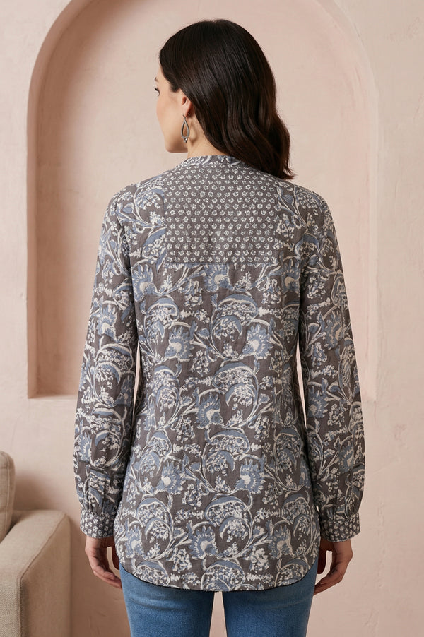 Grey Floral Rayon Straight Top