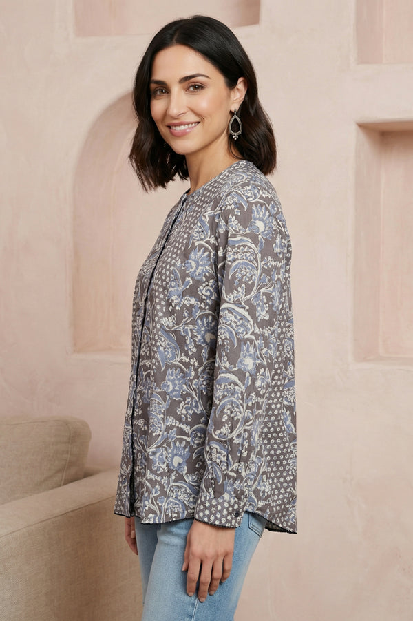 Grey Floral Rayon Straight Top