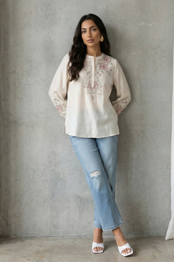 Off White Thread Embroidered New Cotton Silk A-line Top