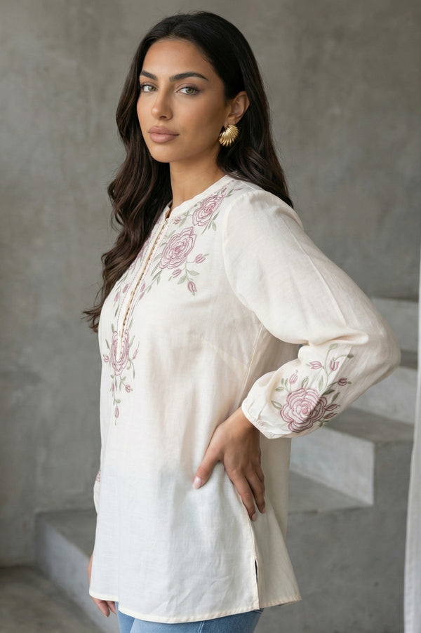 Off White Thread Embroidered New Cotton Silk A-line Top