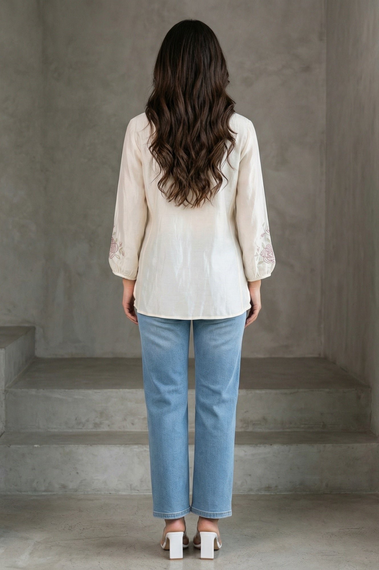 Off White Thread Embroidered New Cotton Silk A-line Top