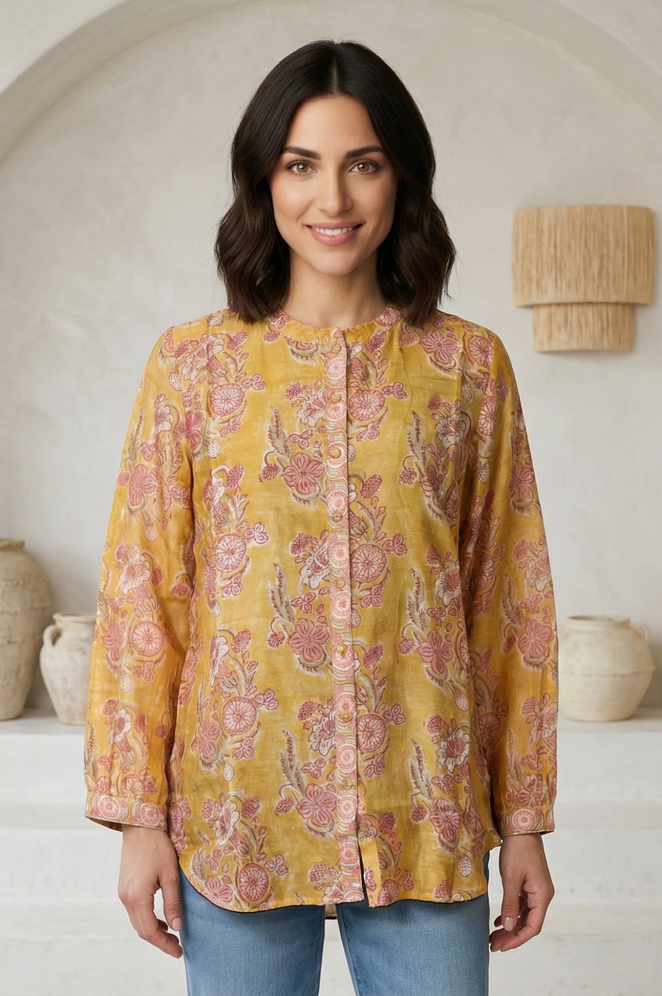 Yellow Floral Printed Cotton Blend Straight Top