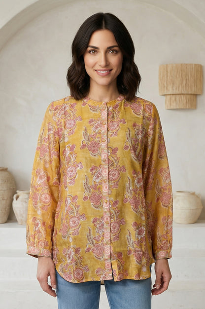 Yellow Floral Printed Cotton Blend Straight Top