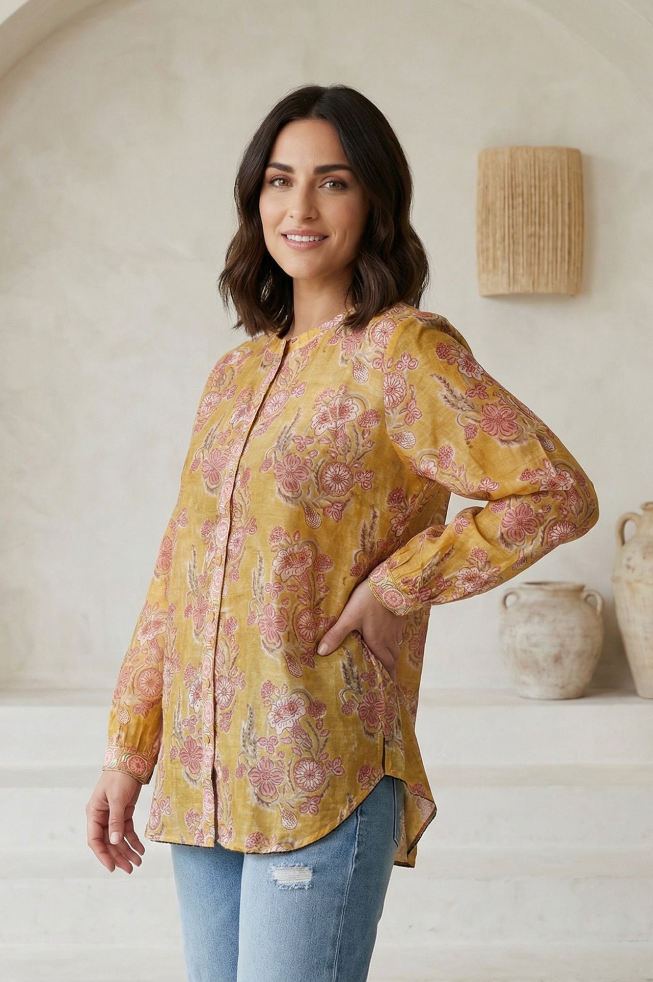 Yellow Floral Printed Cotton Blend Straight Top