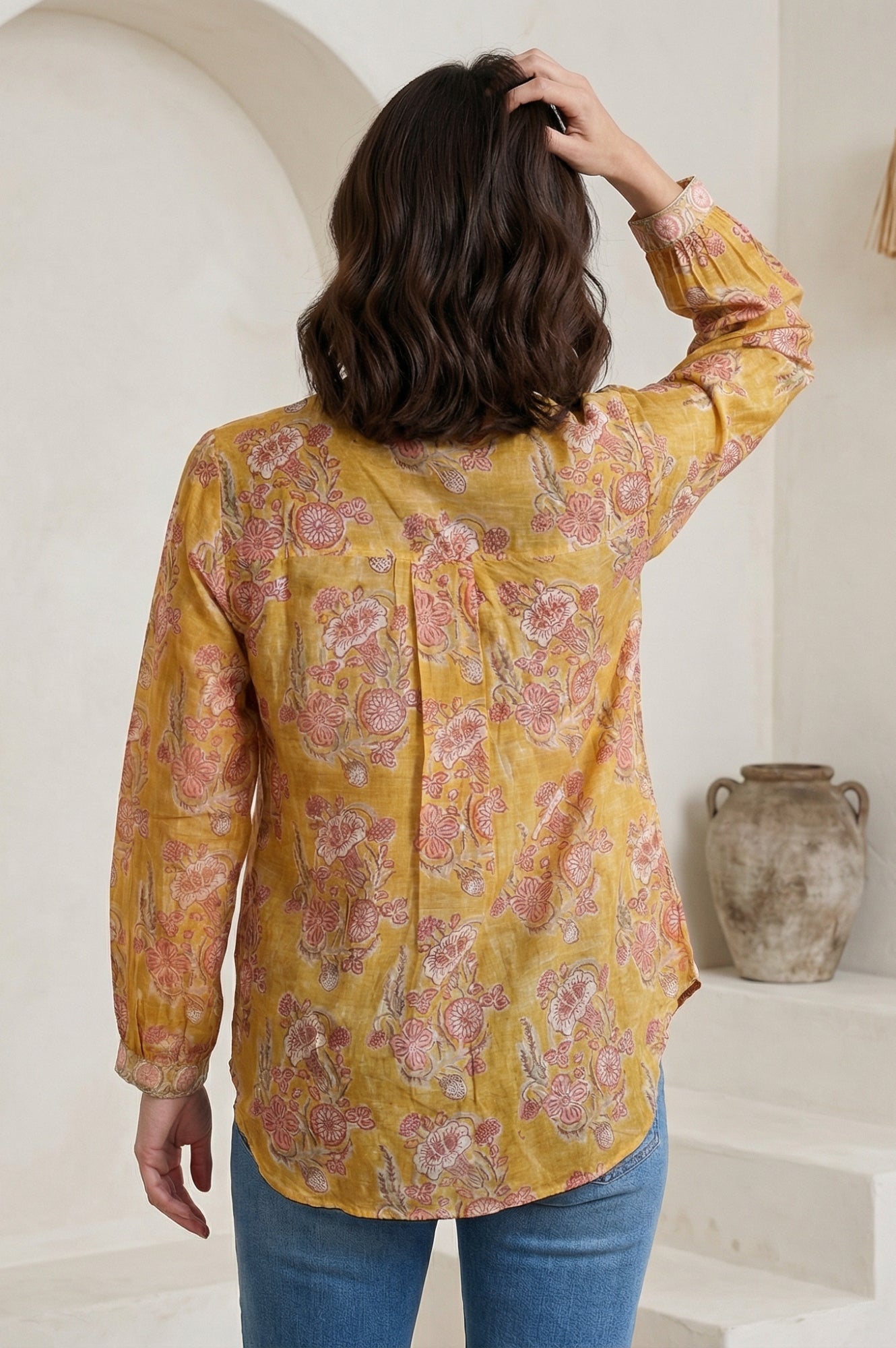Yellow Floral Printed Cotton Blend Straight Top