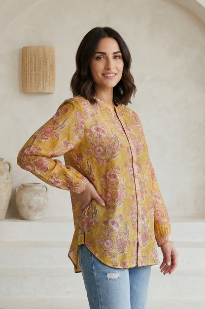 Yellow Floral Printed Cotton Blend Straight Top