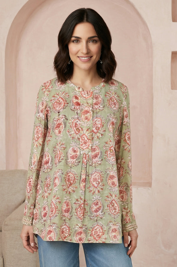 Green Block Floral Printed Pure Cotton A-line Top