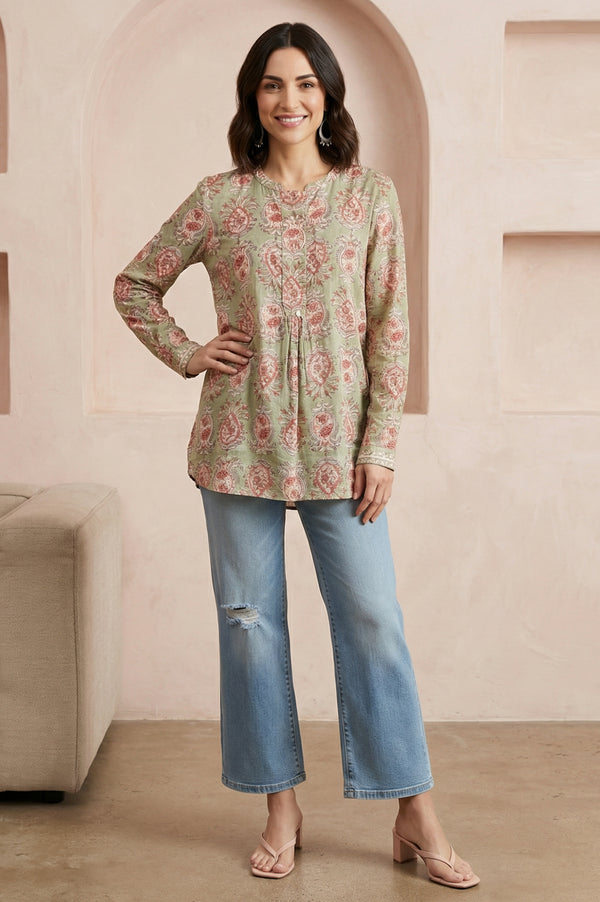 Green Block Floral Printed Pure Cotton A-line Top