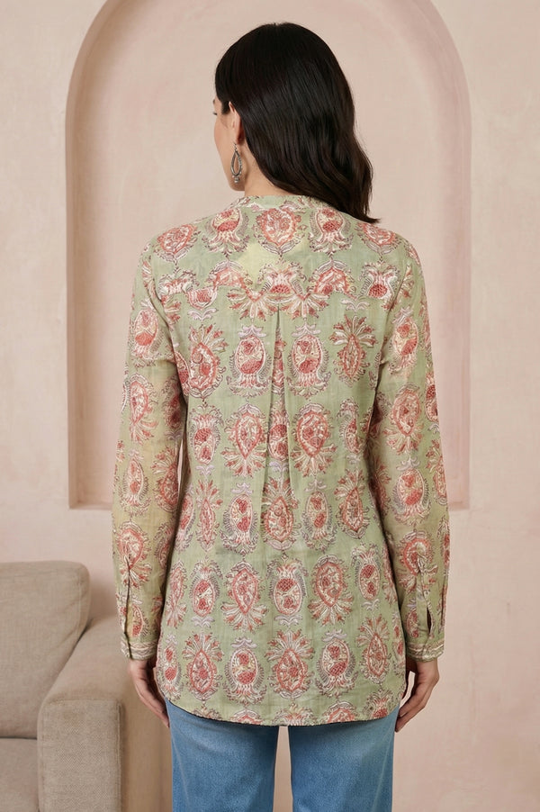 Green Block Floral Printed Pure Cotton A-line Top