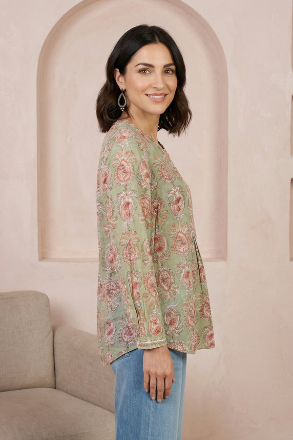 Green Block Floral Printed Pure Cotton A-line Top