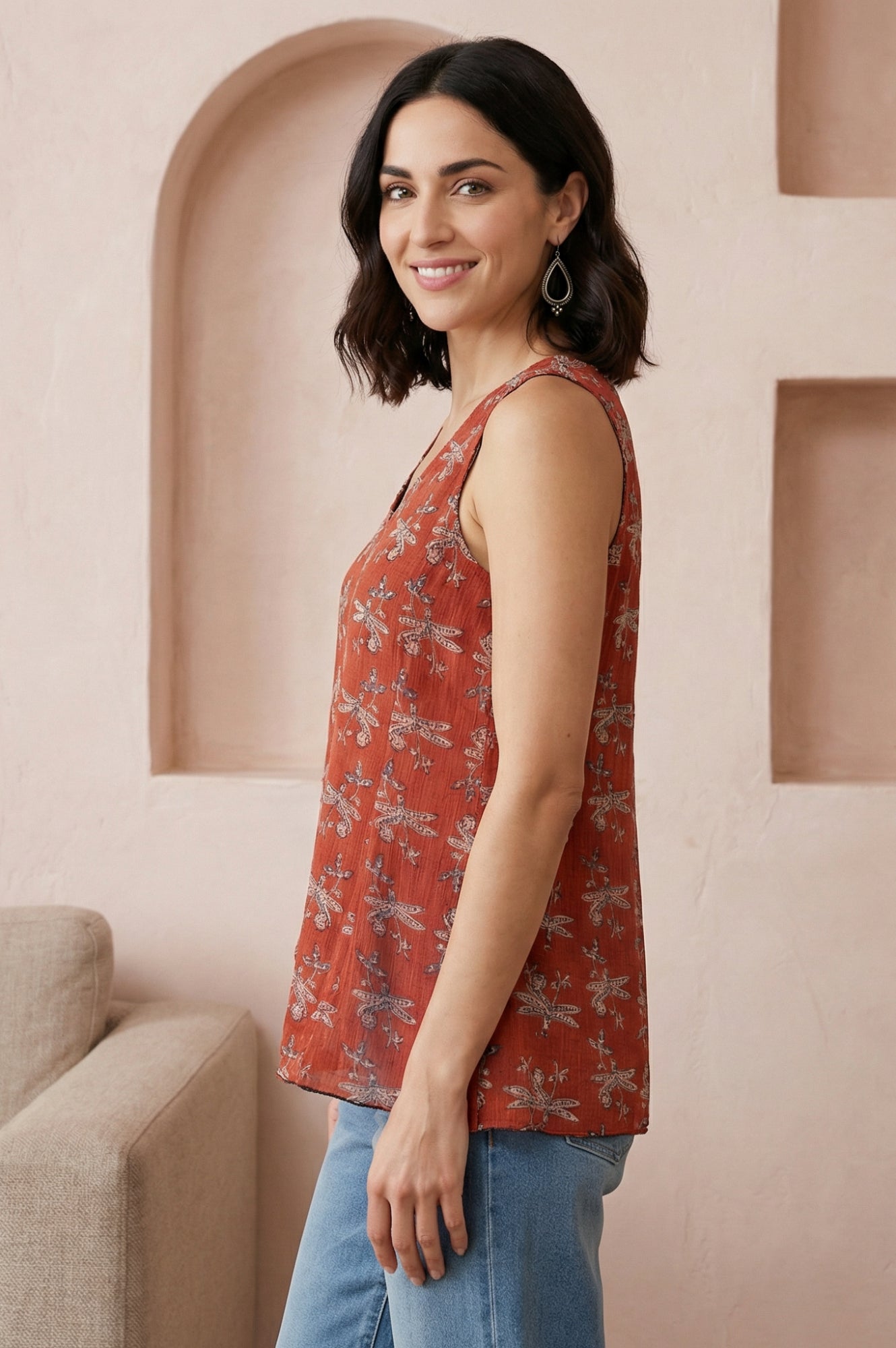 Rust Block Printed Cotton Blend A-line Sleeveless Top