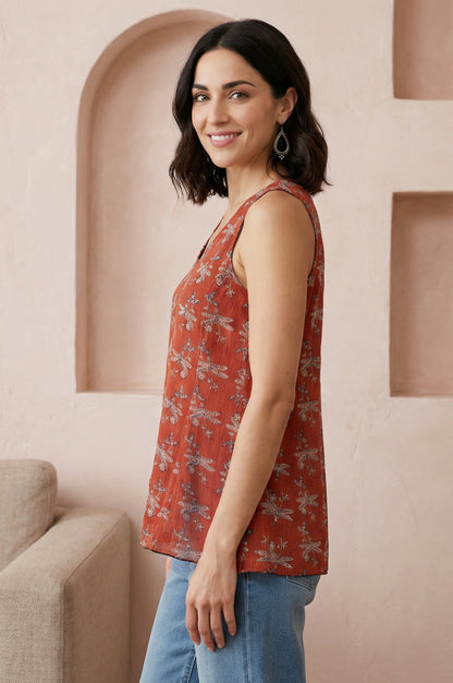 Rust Block Printed Cotton Blend A-line Sleeveless Top