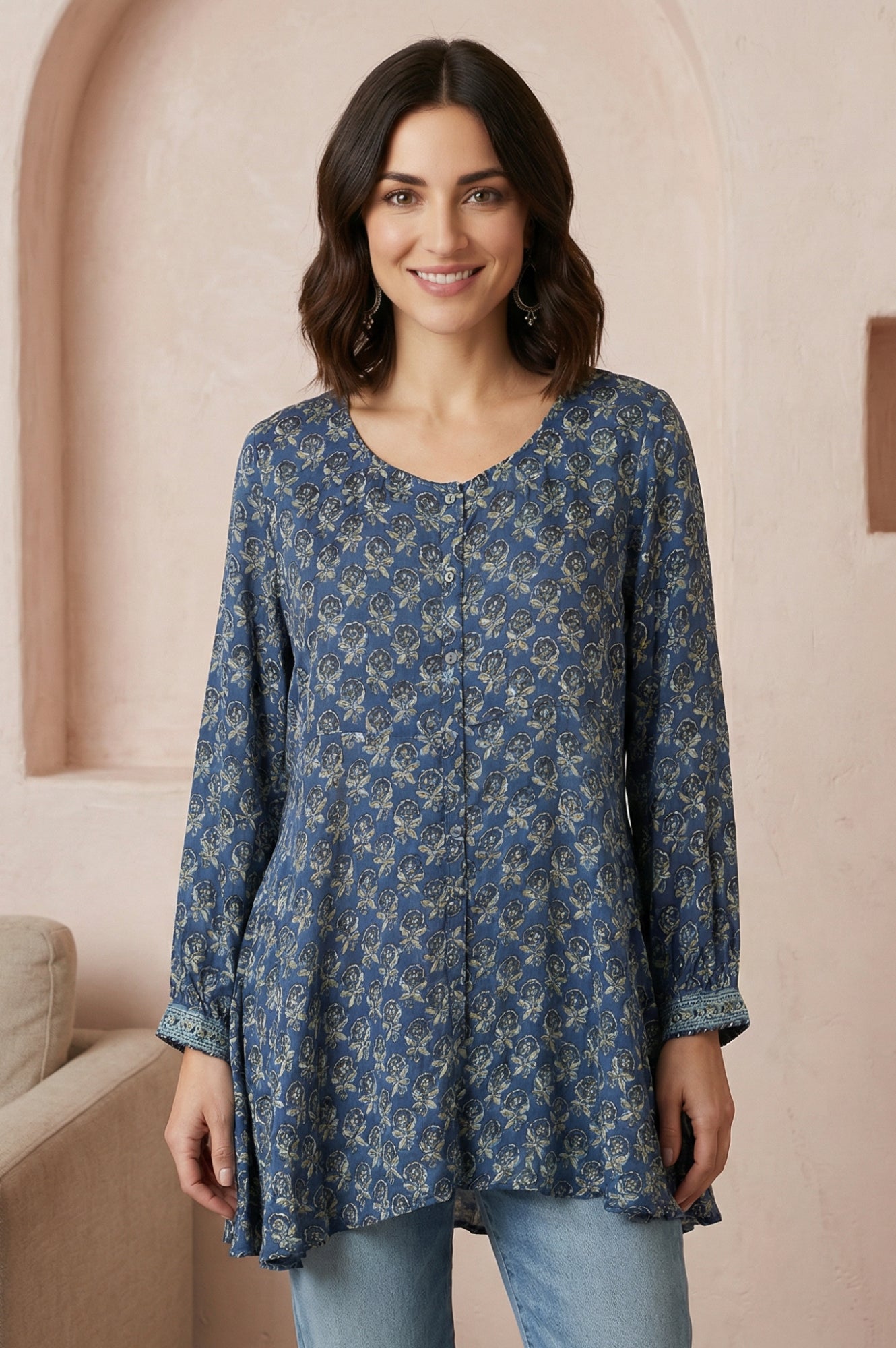 Buy Blue Block Printed Modal Satin A-line Top Online for Woman | WforWoman