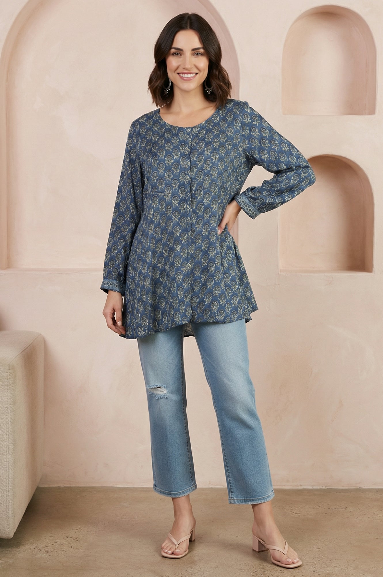 Blue Block Printed Modal Satin A-line Top