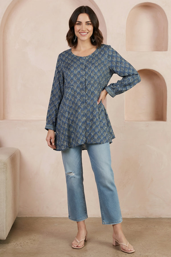 Blue Block Printed Modal Satin A-line Top