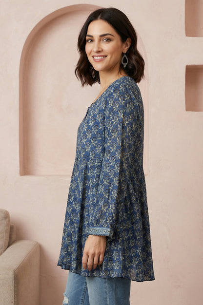 Blue Block Printed Modal Satin A-line Top