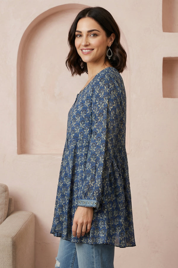 Blue Block Printed Modal Satin A-line Top