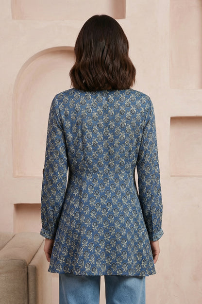 Blue Block Printed Modal Satin A-line Top