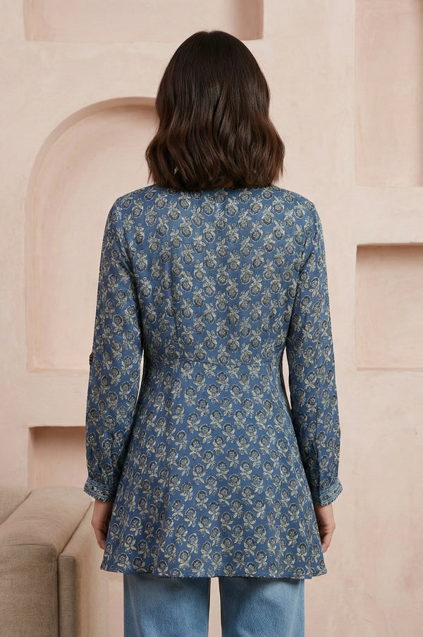 Blue Block Printed Modal Satin A-line Top