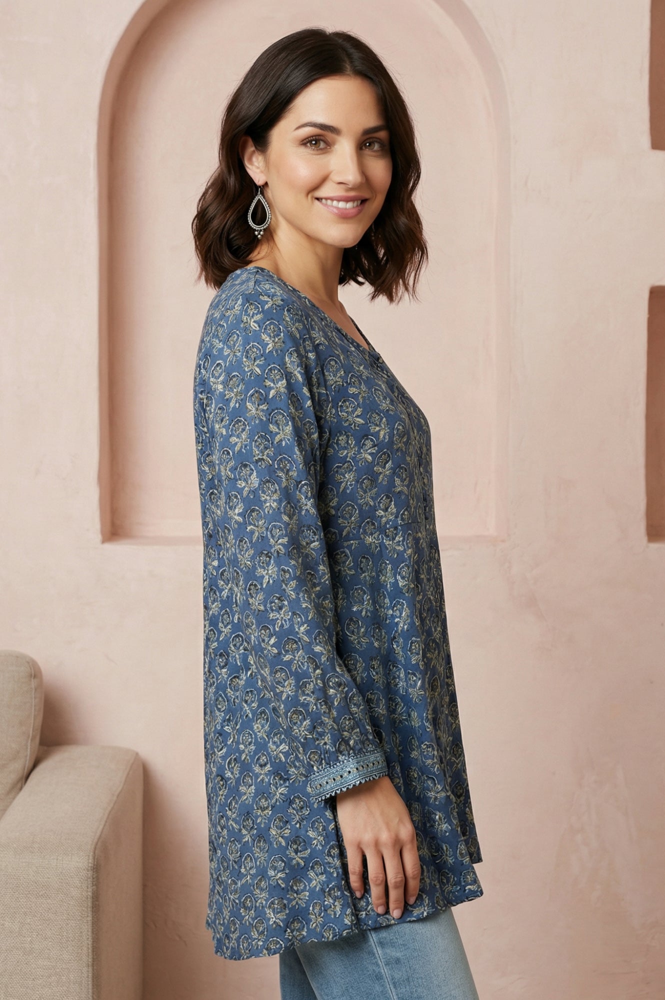 Blue Block Printed Modal Satin A-line Top