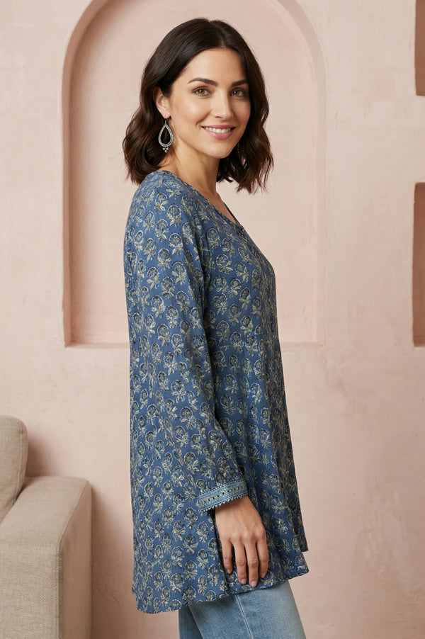 Blue Block Printed Modal Satin A-line Top
