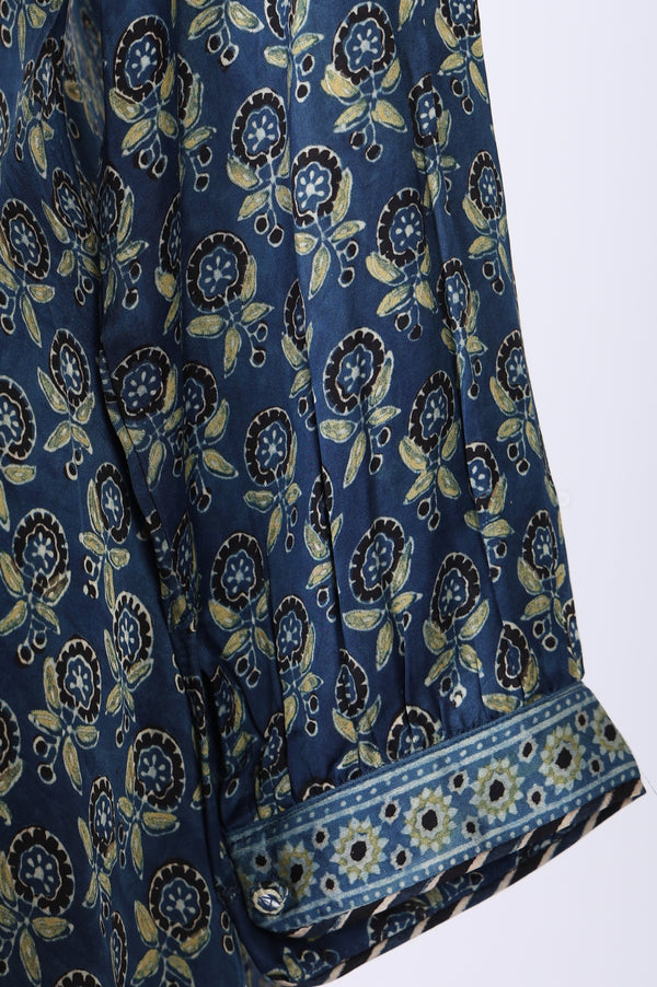 Blue Block Printed Modal Satin A-line Top