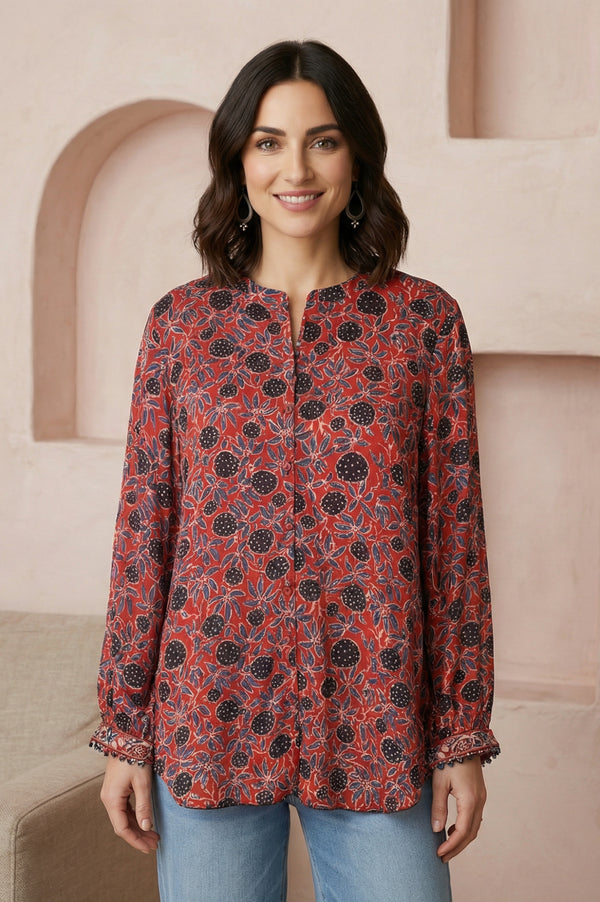 Red Ajrak Printed Modal Satin Straight Top