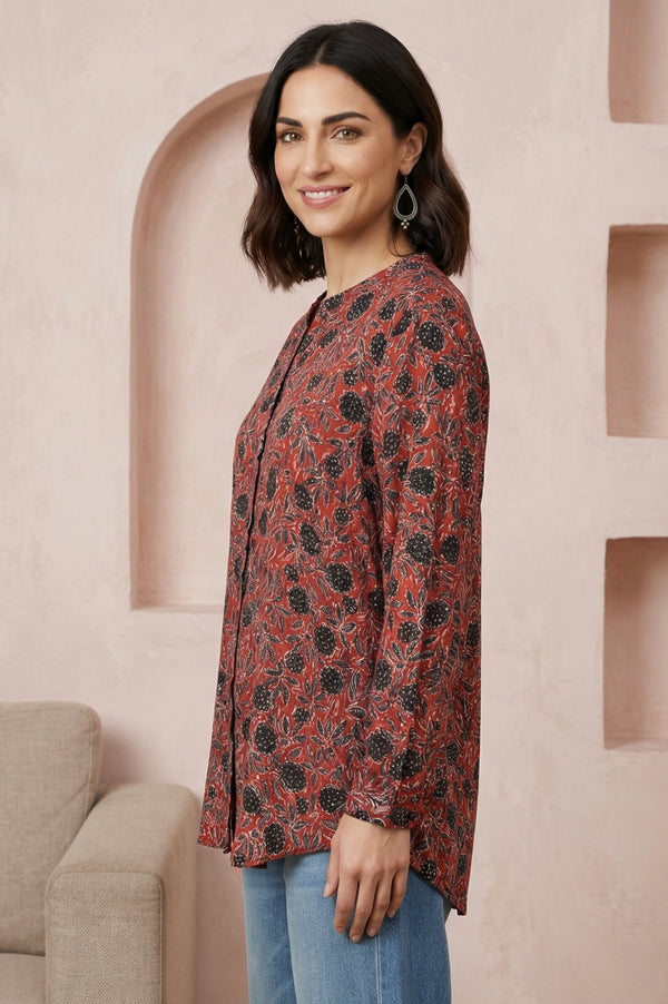 Red Ajrak Printed Modal Satin Straight Top