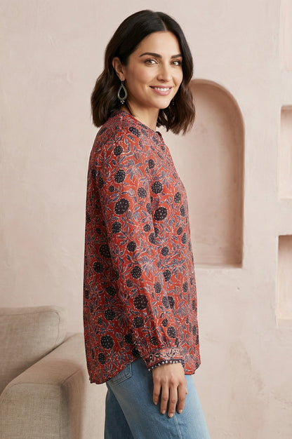 Red Ajrak Printed Modal Satin Straight Top