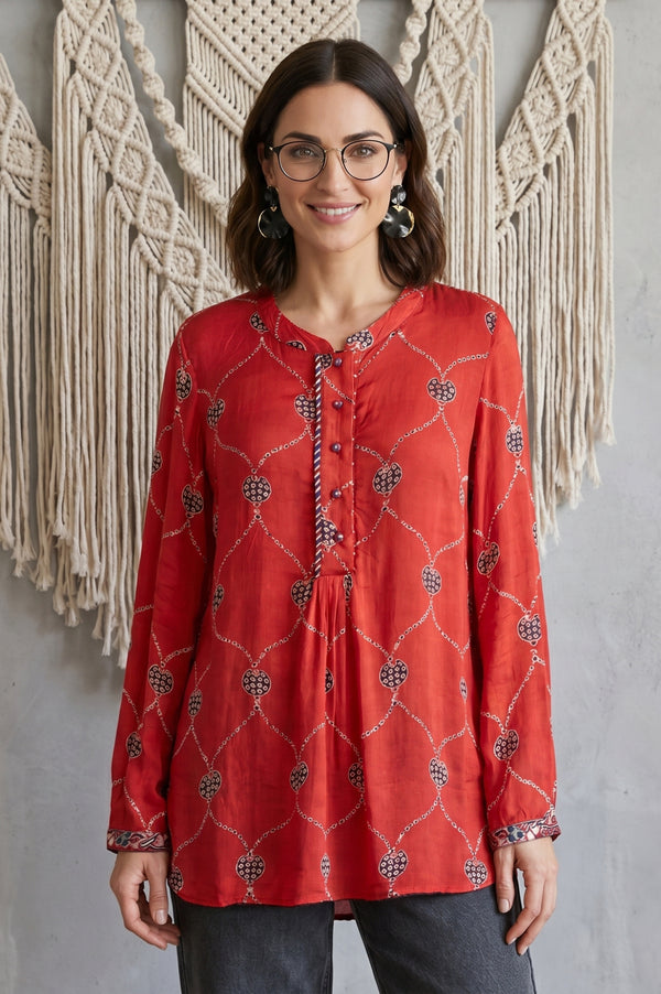 Folksong Women’s Red Geometric Printed Modal Satin Straight Top